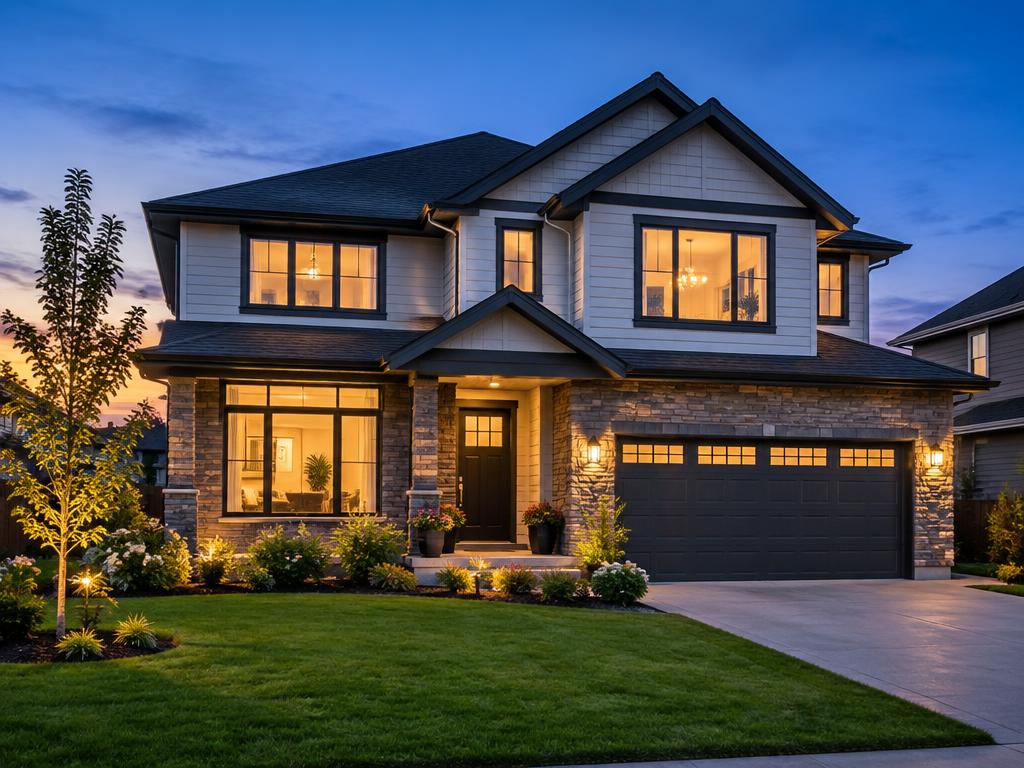 Modern suburban home at dusk with warm glowing windows